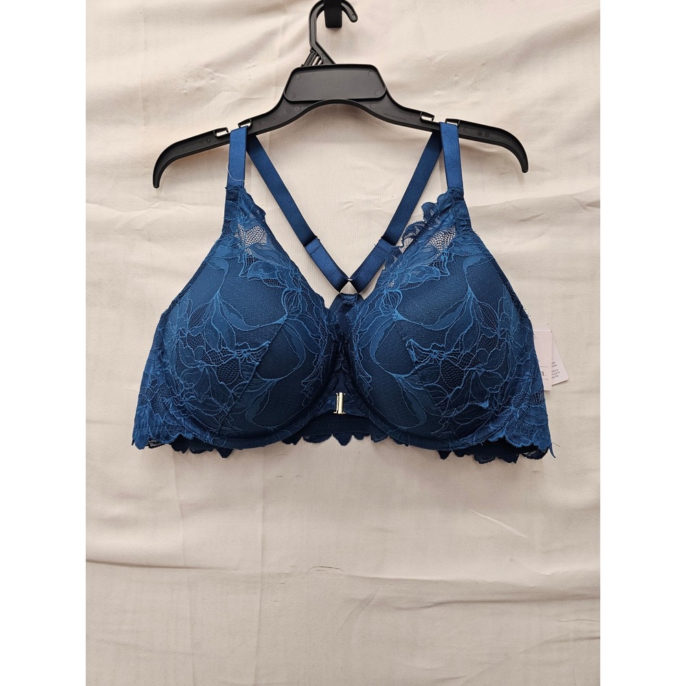 Auden Womens Lace Front Close Push Up Plunge Bra Blue Nylon Blend Size 46D